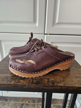 Troentorp Swedish Brown Leather Wooden Sole Lace-up Clog Mule Oxford EU 40 US 10